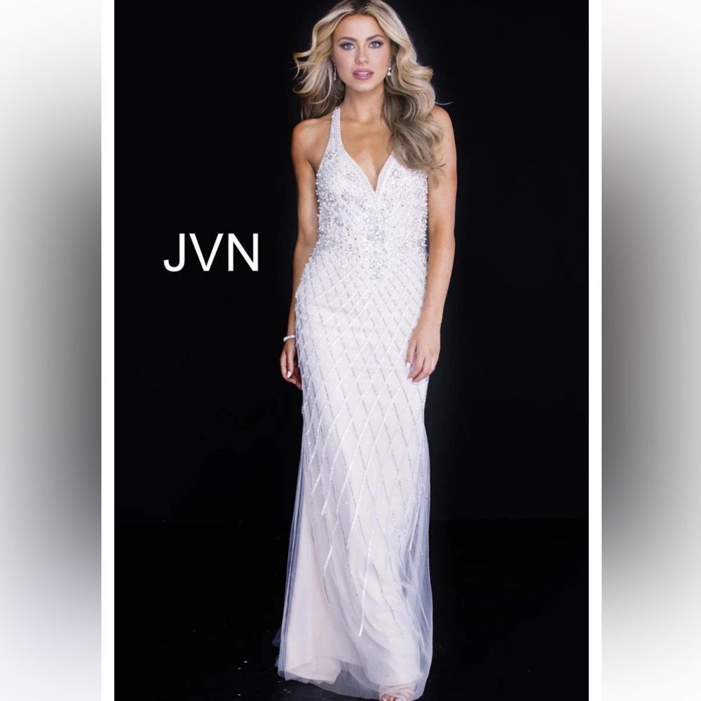 Jovani sequin and beaded tulle dress silver/nude size 10 NWT